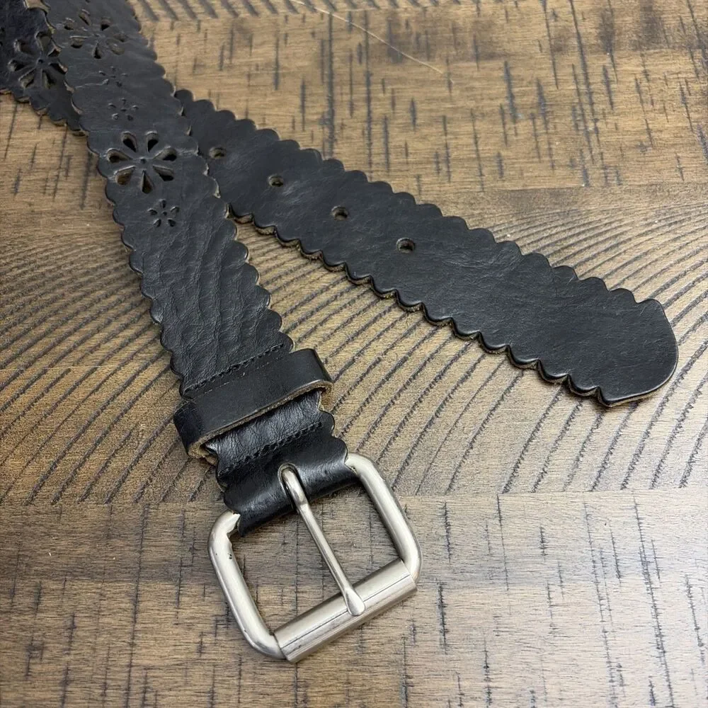 Black Genuine Leather Belt Scalloped Edge Perforated Flower Cut Women Size L